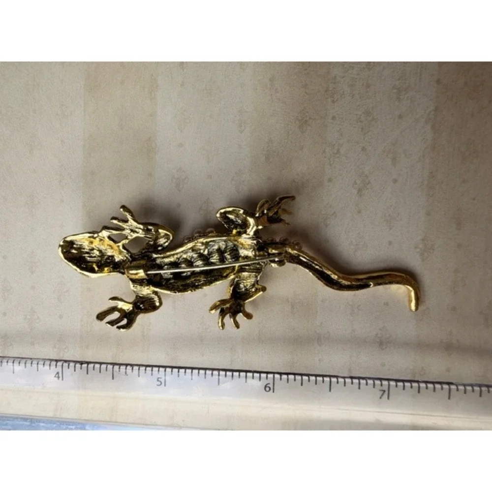 Lizard Brooch Multicolor Rhinestone Faux Pearl Gold Tone Figural Pin
